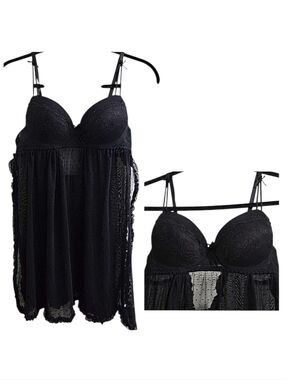 Elegance Black Lace Underwire Sheer Dotty Babydoll Nightgown Nightie Medium